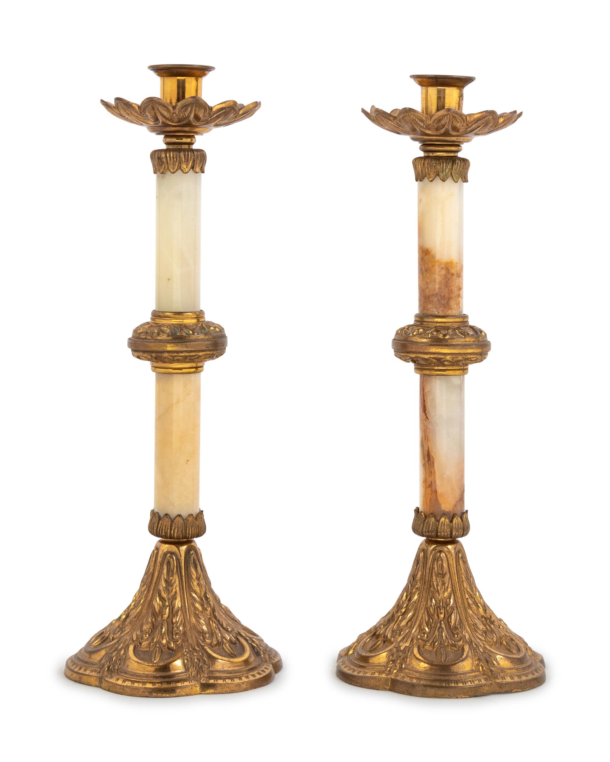 A Pair of Gilt Bronze Mounted Onyx Candlesticks