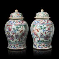 A Pair of Large Chinese Famille Rose Porcelain General Jars and Covers, Qing Dynasty — 清 粉彩開光人物故事圖將軍罐一對
