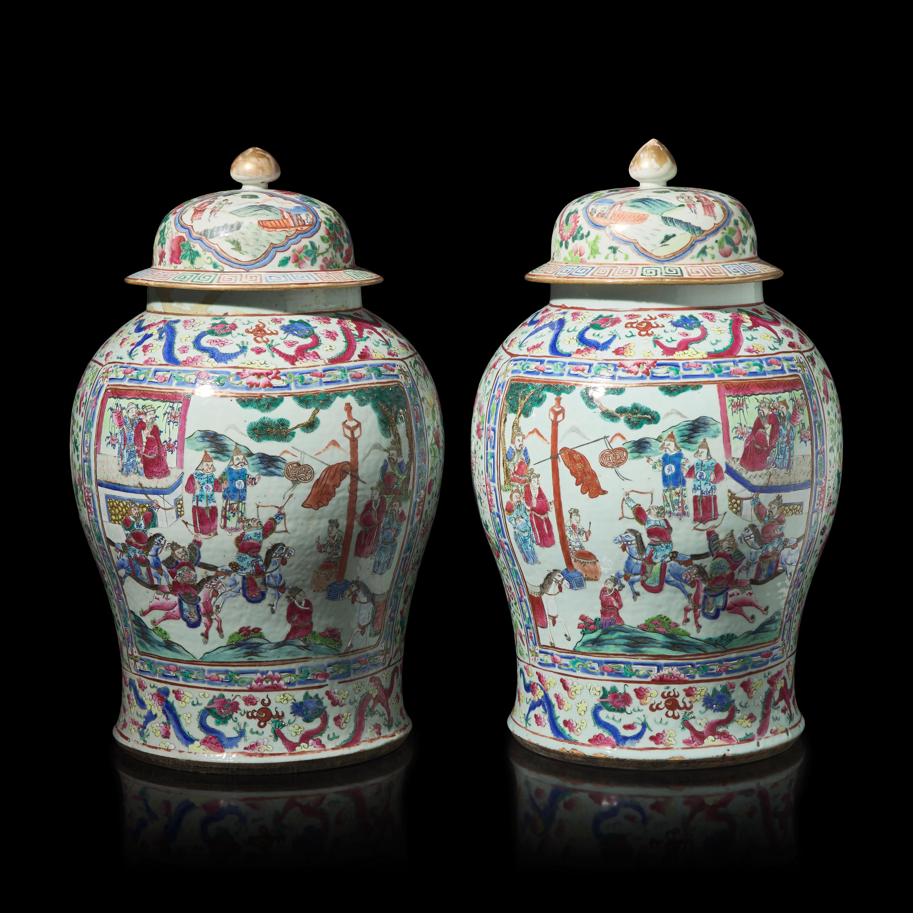A Pair of Large Chinese Famille Rose Porcelain General Jars and Covers, Qing Dynasty — 清 粉彩開光人物故事圖將軍罐一對
