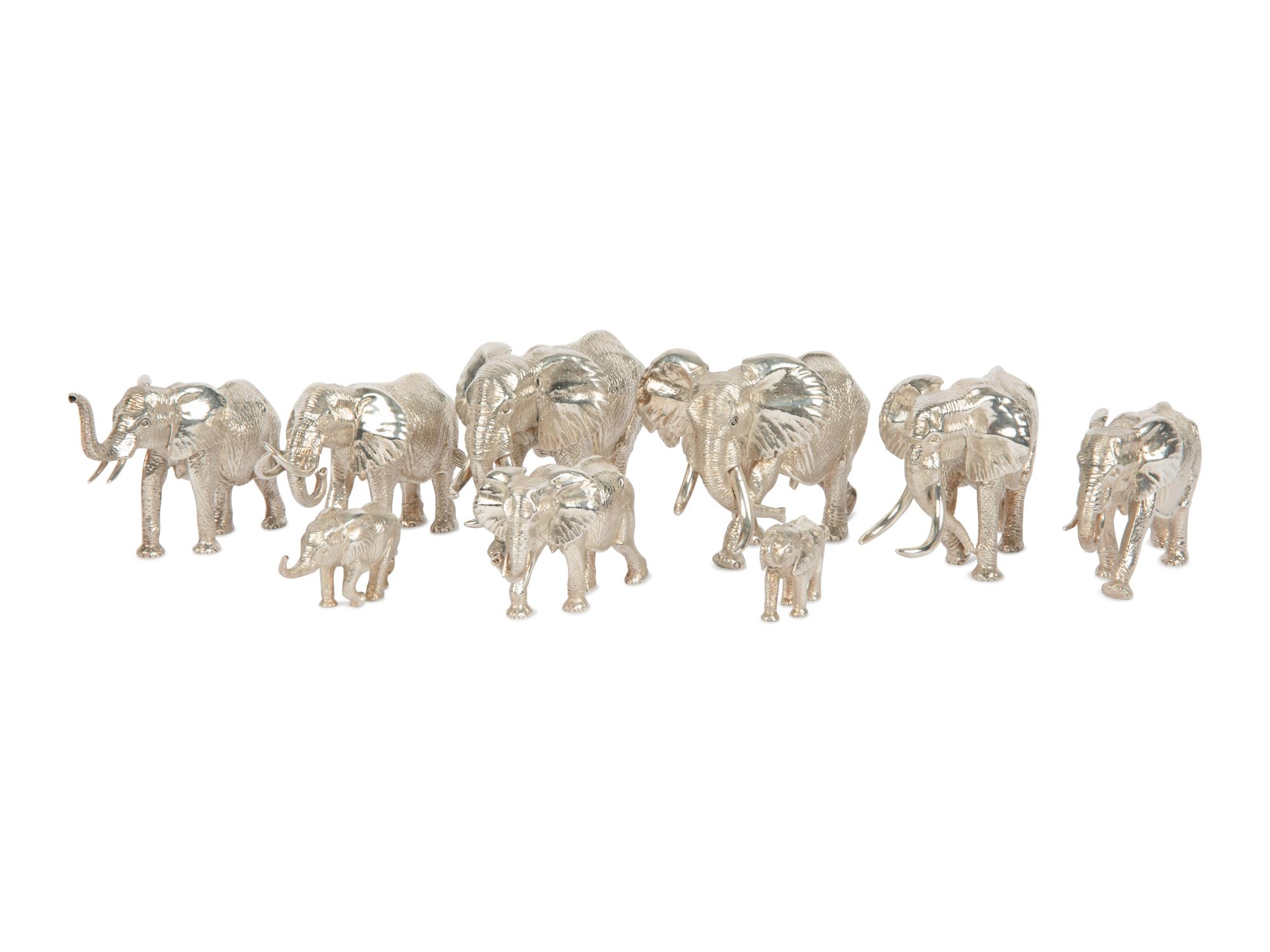 A Group of Nine Patrick Mavros Silver Elephants