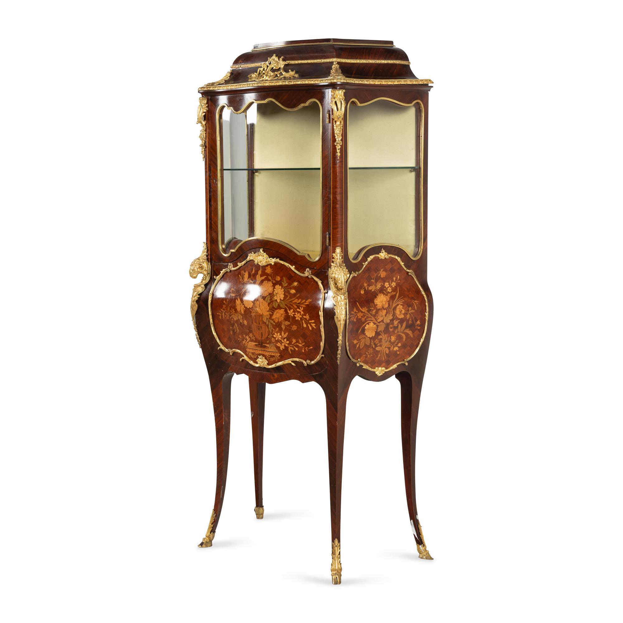 A Louis XV Style Gilt Bronze Mounted Marquetry Bombé Vitrine