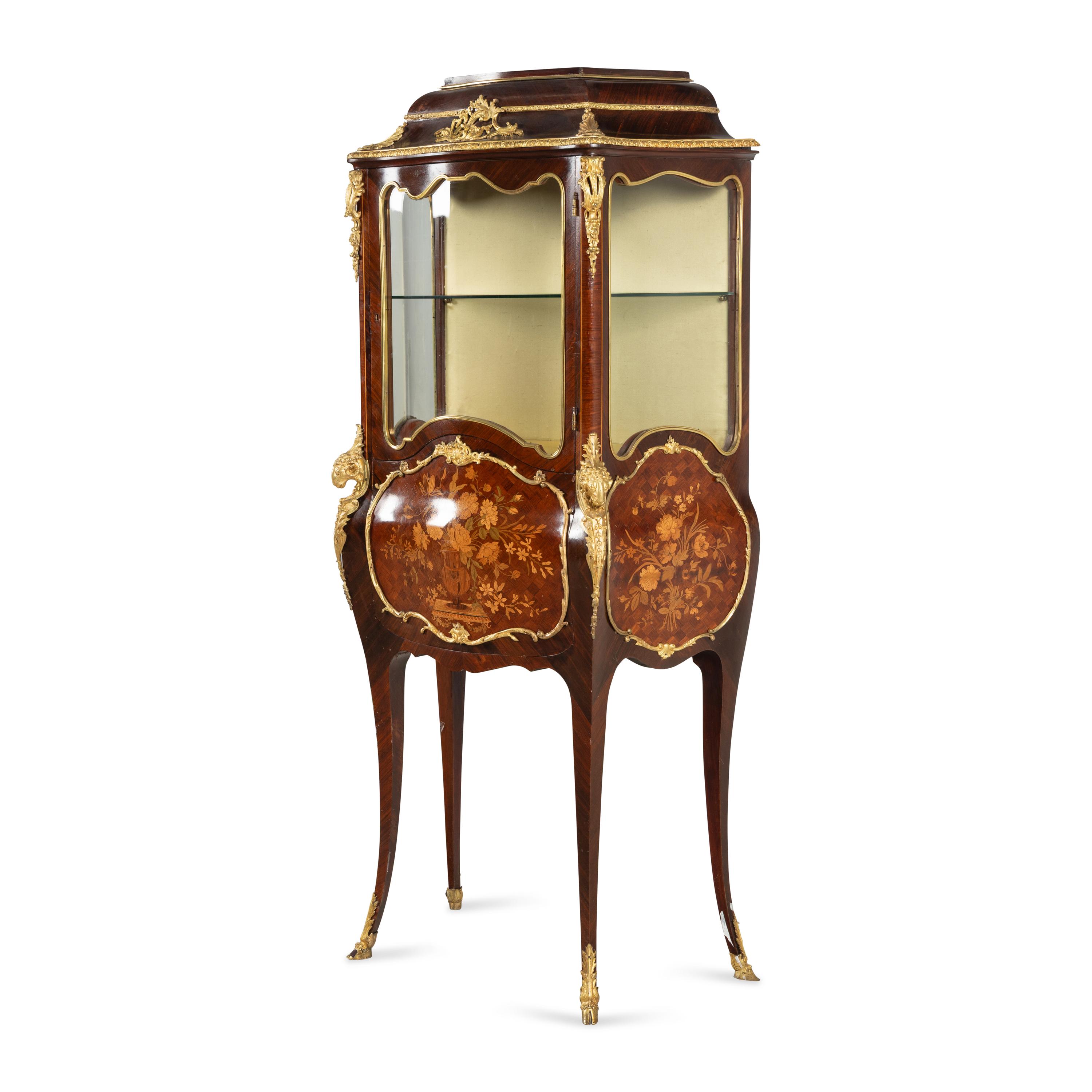 A Louis XV Style Gilt Bronze Mounted Marquetry Bombé Vitrine
