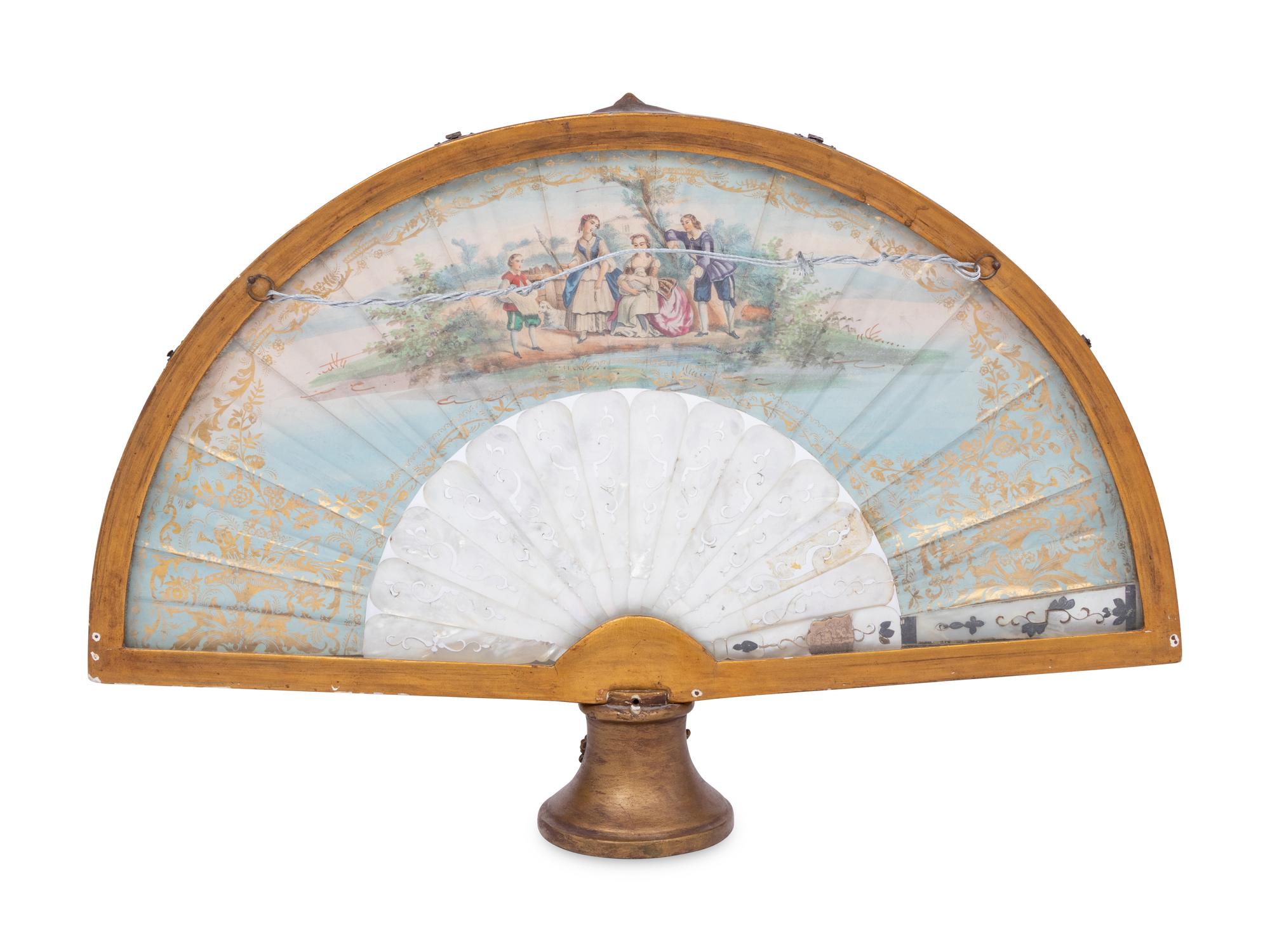 A French Framed Painted Paper and Mother-of-Pearl Fan