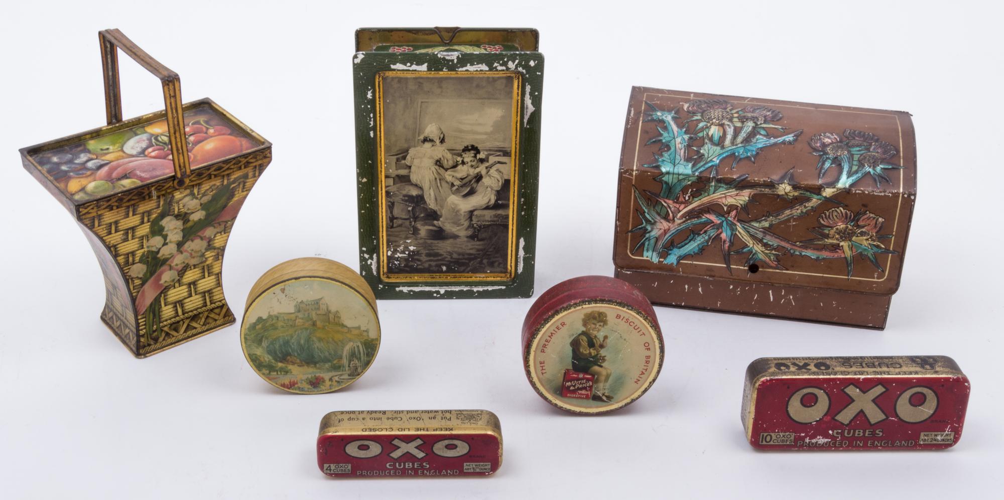 A Group of Seven British Biscuit Tins Width of largest 7 1/2 inches. — VARIOUS MAKERS