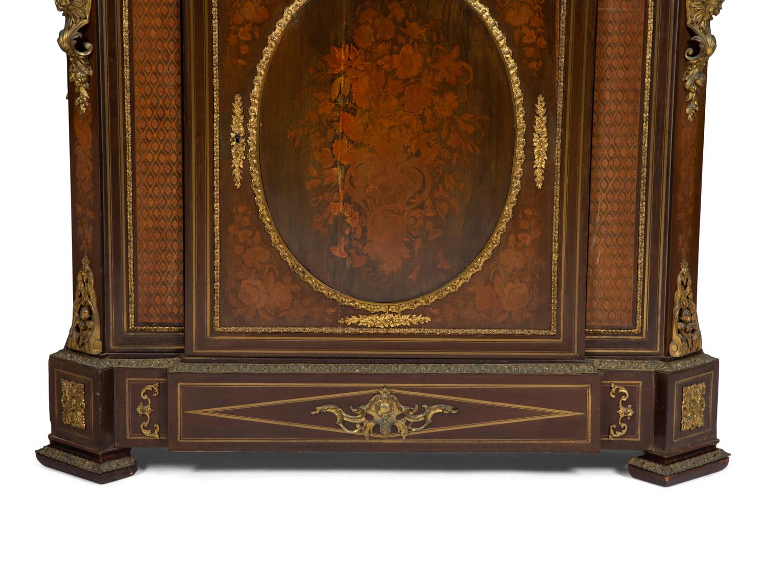 A Napoleon III Style Gilt Bronze Mounted Marquetry Marble-Top Side Cabinet