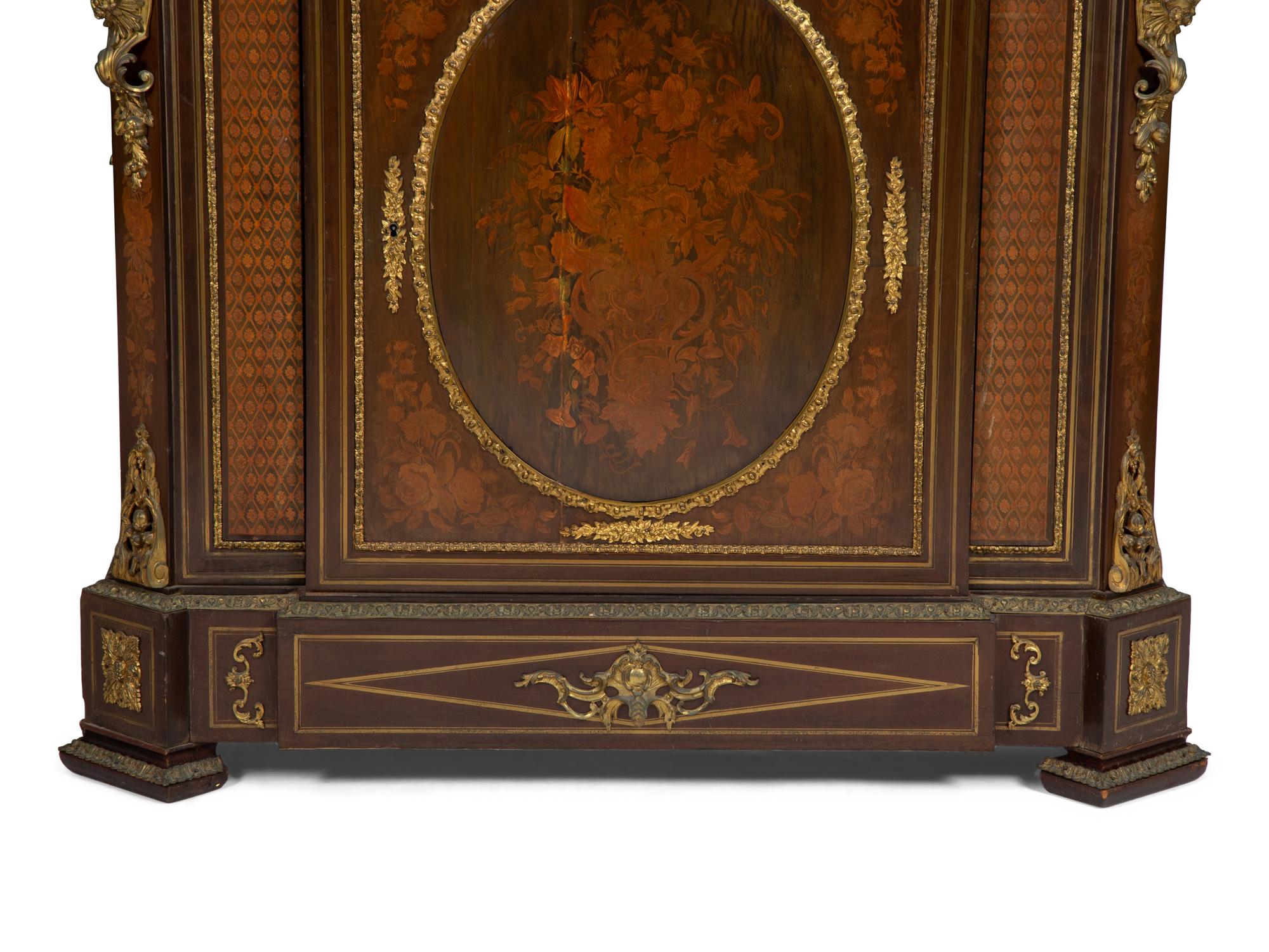 A Napoleon III Style Gilt Bronze Mounted Marquetry Marble-Top Side Cabinet