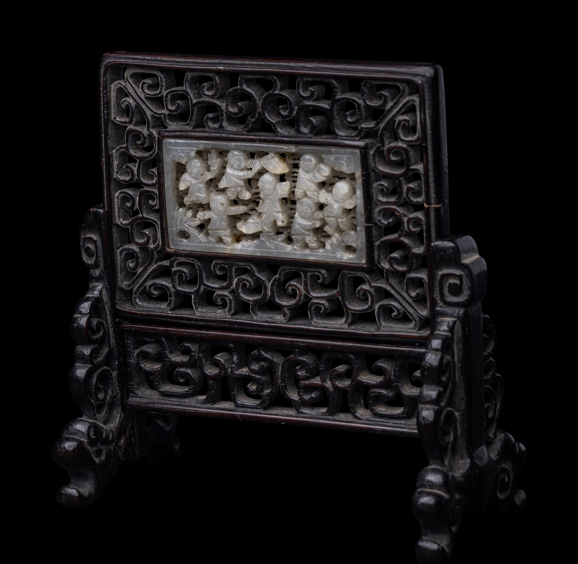 A Chinese White Jade Inset Hardwood Table Screen