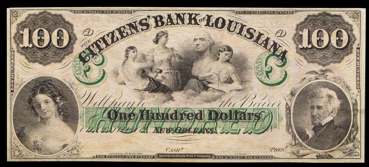Obsolete $100 Bank Note: Citizens' Bank of Louisiana — NEW ORLEANS, LOUSIANA, CIRCA 1855