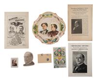 McKINLEY, William (1843-1901). A group of broadsides, glasses, textiles, and other ephemera related to the 1896 and 1900 presidential campaigns of William McKinley.