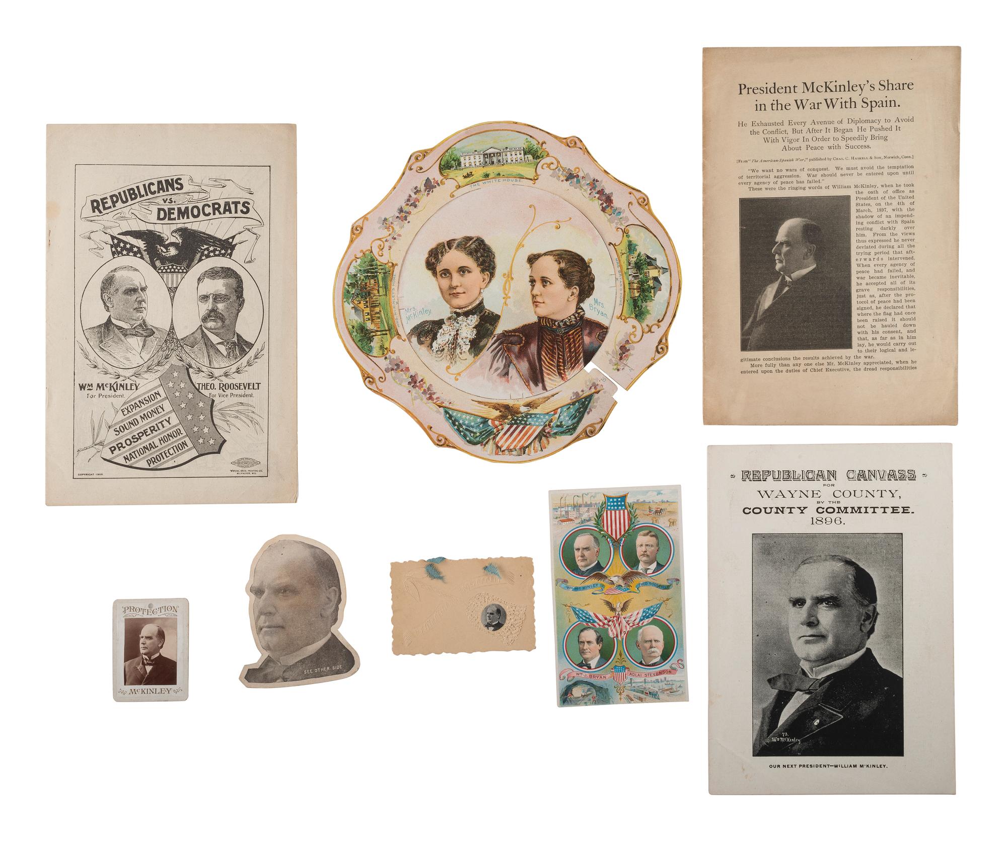 McKINLEY, William (1843-1901). A group of broadsides, glasses, textiles, and other ephemera related to the 1896 and 1900 presidential campaigns of William McKinley.