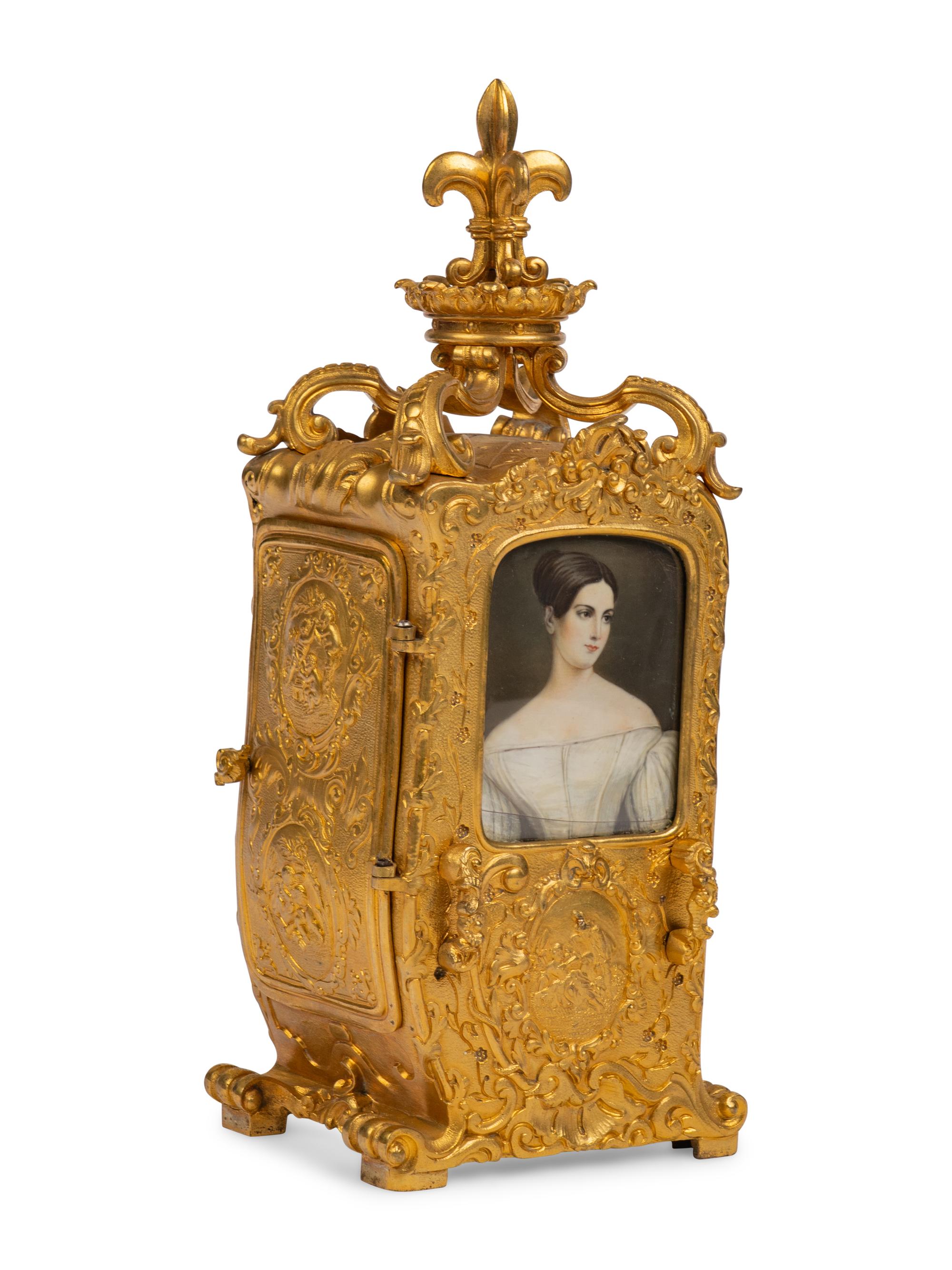 A French Gilt-Bronze Hour Repeater Carriage Clock in the Form of a Sedan Chair