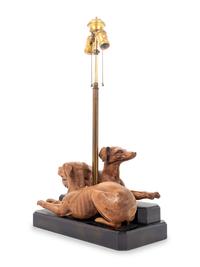 A Carved Wood Greyhound Group Mounted as a Table Lamp