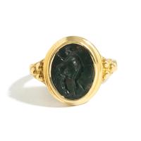 A Roman Bloodstone Double-Sided Ring Stone with the Gods Venus and Eros & a Portrait Head of a Deity — Set in a gold ring, '18k' stamped on inside