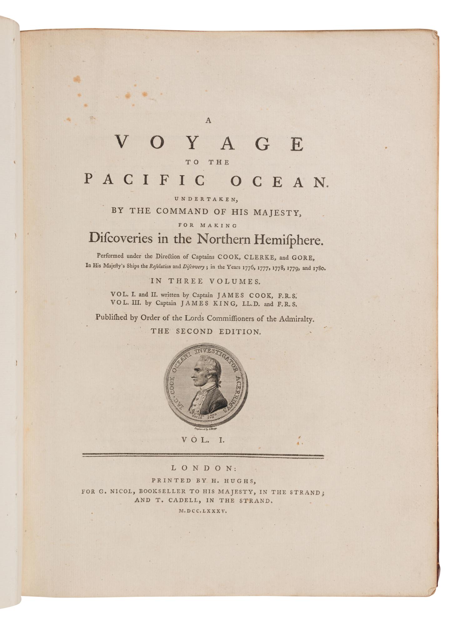 [TRAVEL & EXPLORATION]. COOK, James, Capt. (1728-1779). A voyage to the Pacific Ocean. Undertaken by the command of His Majesty for making Discoveries in the Northern Hemisphere... in His Majesty’s Ships the Resolution and Discovery, in the Years 1776, 1777, 1778, 1779 and 1780 . London H. Hughs; G. Nicol; T. Cadell 1785.