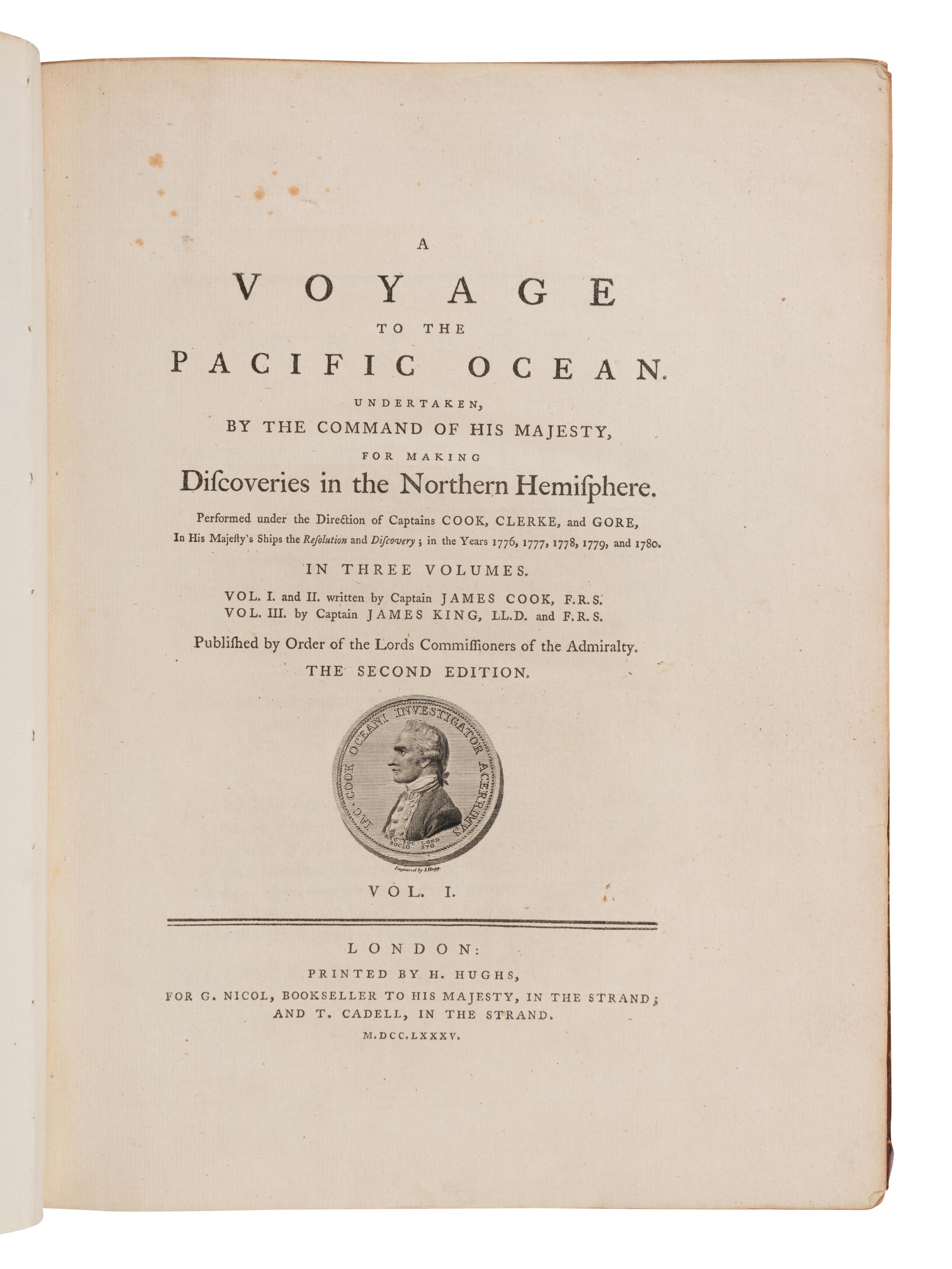 [TRAVEL & EXPLORATION]. COOK, James, Capt. (1728-1779). A voyage to the Pacific Ocean. Undertaken by the command of His Majesty for making Discoveries in the Northern Hemisphere... in His Majesty’s Ships the Resolution and Discovery, in the Years 1776, 1777, 1778, 1779 and 1780 . London H. Hughs; G. Nicol; T. Cadell 1785.