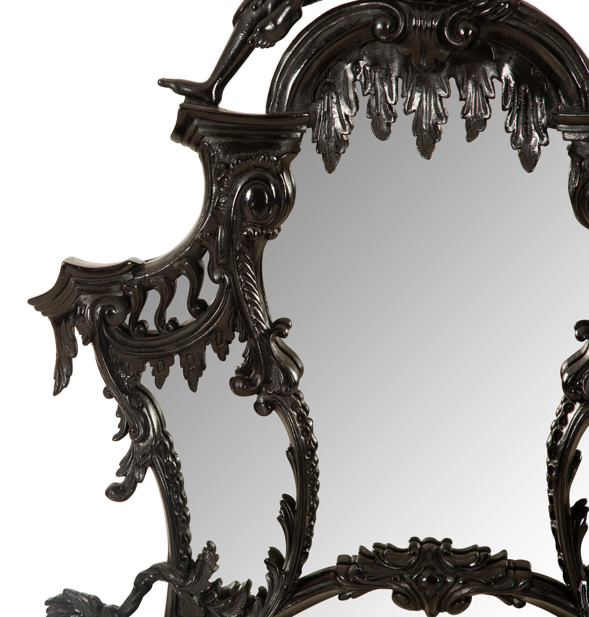 A Pair of Chinese Chippendale Style Black Painted Pier Mirrors — 20th Century