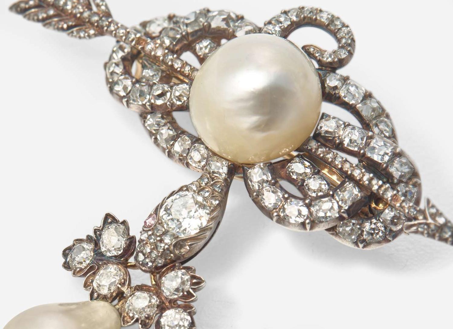 An 18K Yellow Gold, Natural Pearl, and Diamond Brooch Attributed to Boucheron