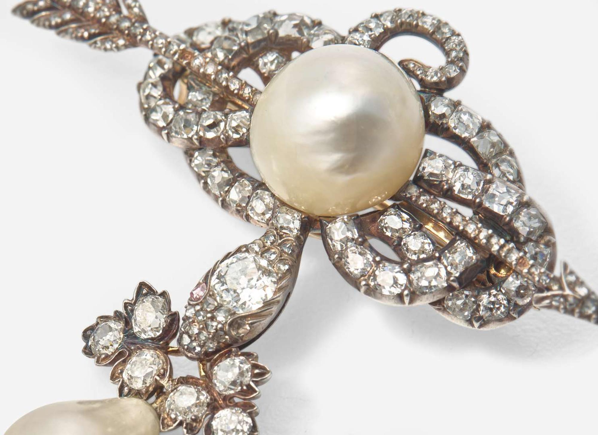 An 18K Yellow Gold, Natural Pearl, and Diamond Brooch Attributed to Boucheron