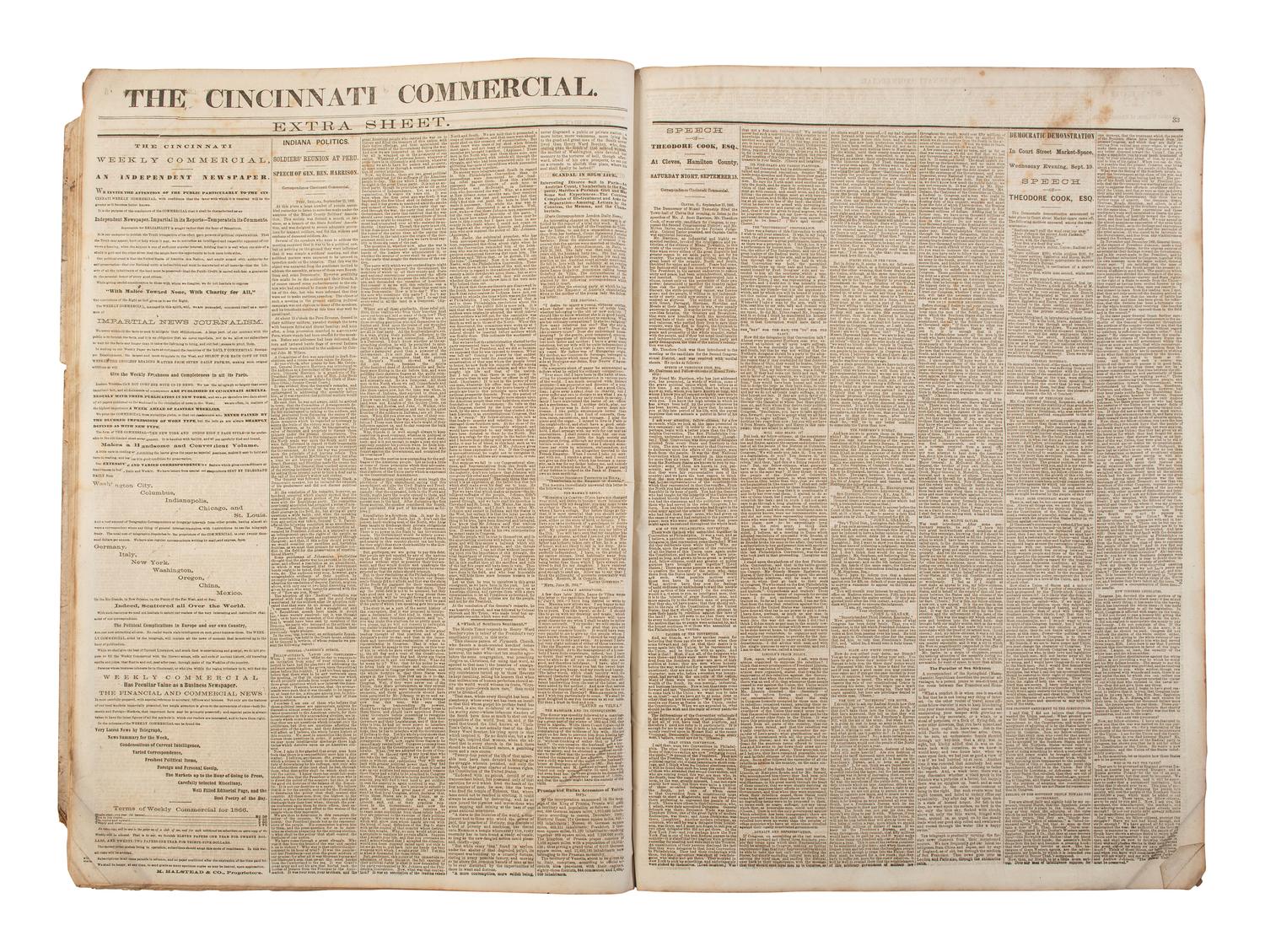 [POLITICS - RECONSTRUCTION]. The Cincinnati Commercial. Speeches of the Campaign of 1866 in the States of Ohio, Indiana, and Kentucky . Cincinnati, OH, 1866.
