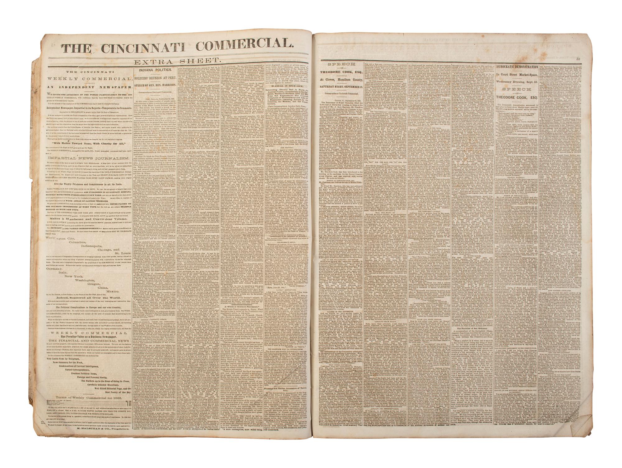 [POLITICS - RECONSTRUCTION]. The Cincinnati Commercial. Speeches of the Campaign of 1866 in the States of Ohio, Indiana, and Kentucky . Cincinnati, OH, 1866.