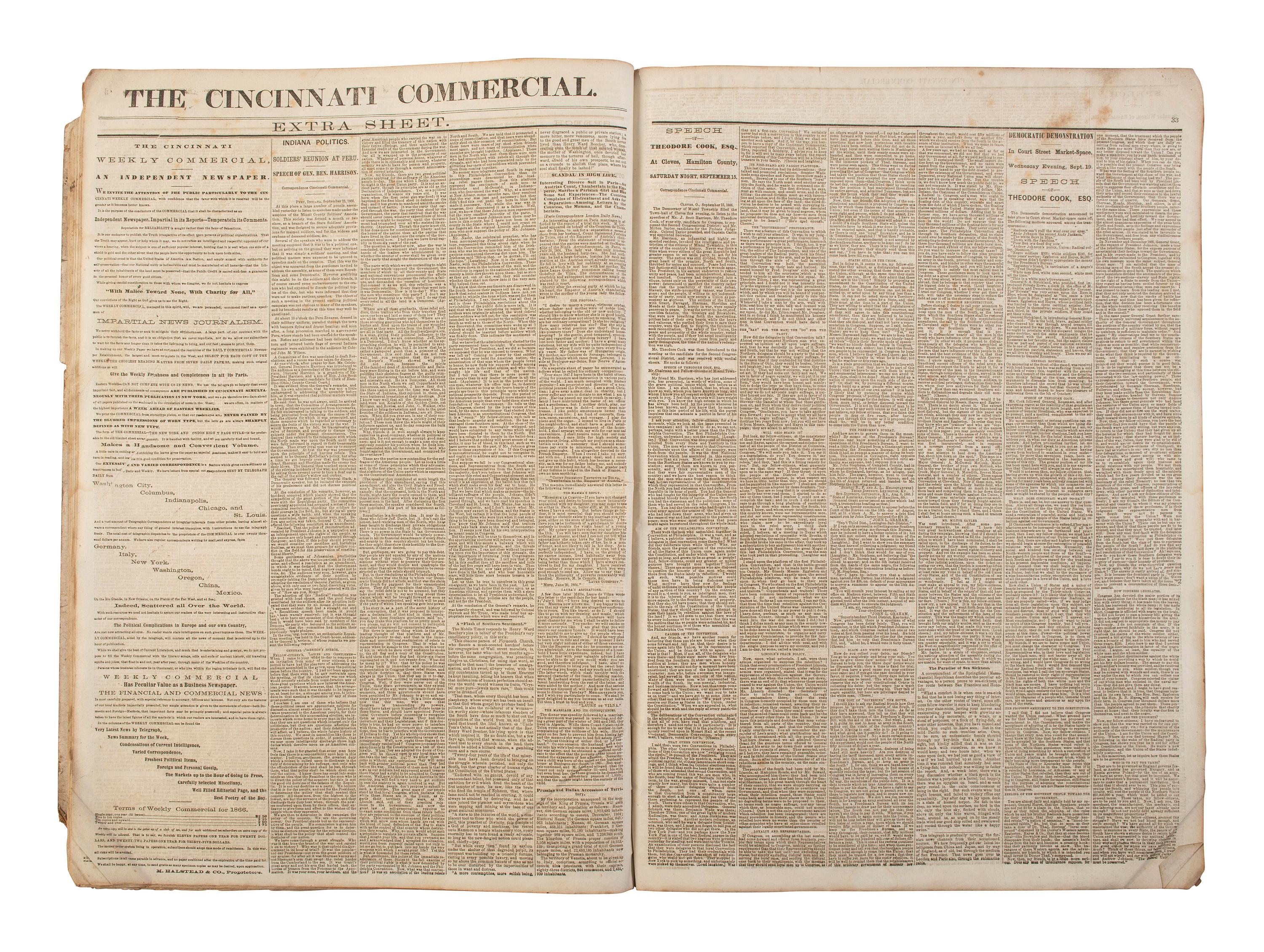 [POLITICS - RECONSTRUCTION]. The Cincinnati Commercial. Speeches of the Campaign of 1866 in the States of Ohio, Indiana, and Kentucky . Cincinnati, OH, 1866.