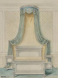 Attributed to Eugène Dienst (French, 19th Century), A Group of Six Hand-Drawn and Painted Studies of French Interiors
