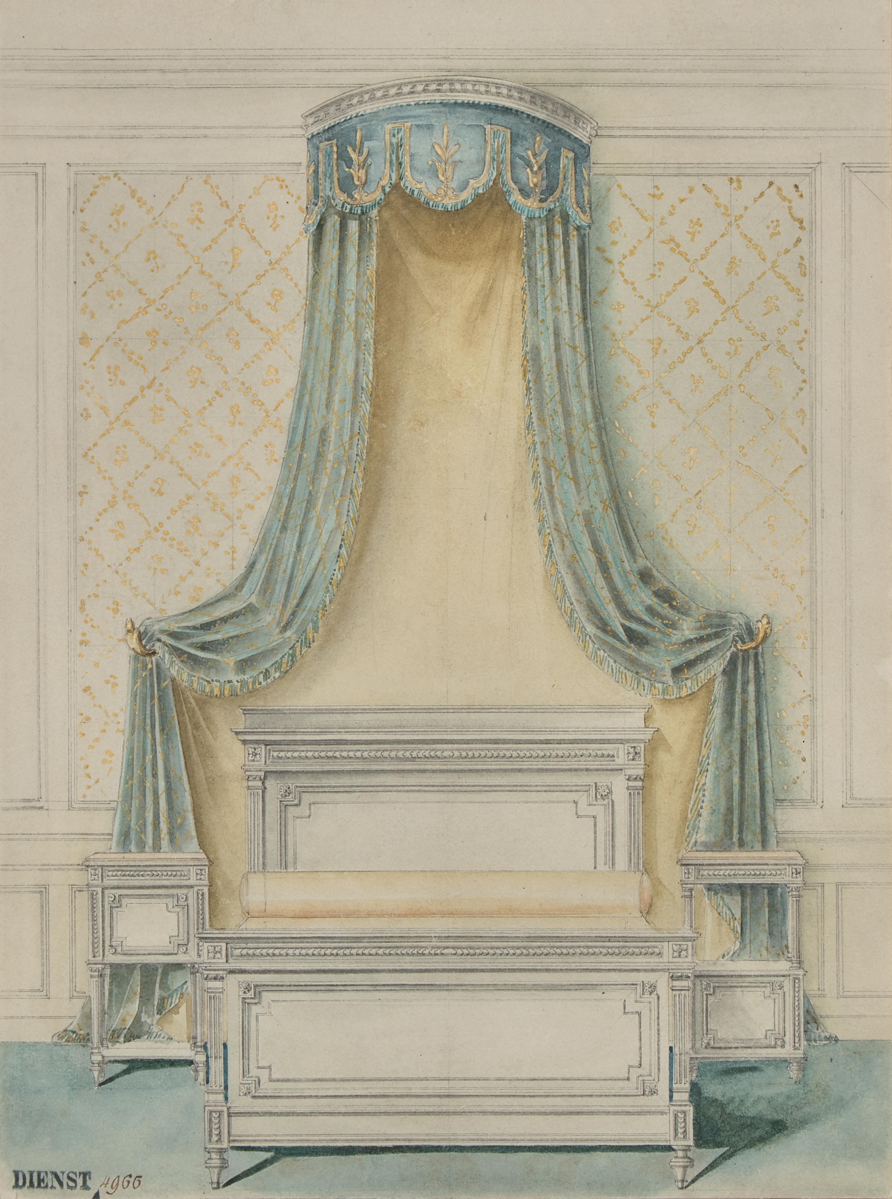 Attributed to Eugène Dienst (French, 19th Century), A Group of Six Hand-Drawn and Painted Studies of French Interiors