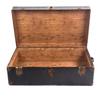 A Black Metal Steamer Trunk Height 12 1/2 inches x width 36 inches x depth 21 7/8 inches.