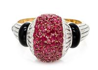 An 18 Karat Bicolor Gold, Ruby, Diamond and Onyx Bangle Bracelet, Ella Gem, 70.00 dwts.