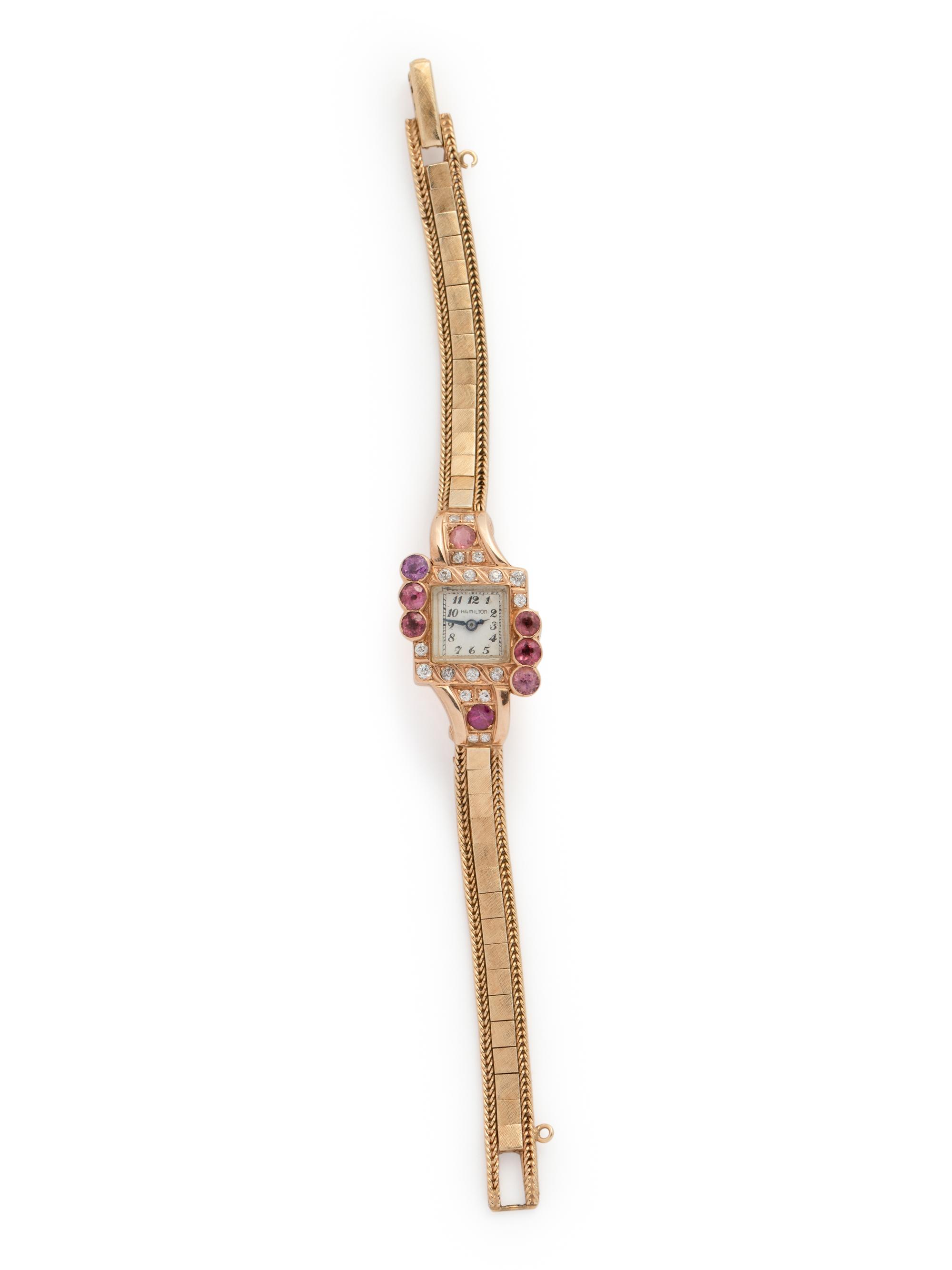 14K PINK GOLD, DIAMOND AND GEMSTONE WRISTWATCH