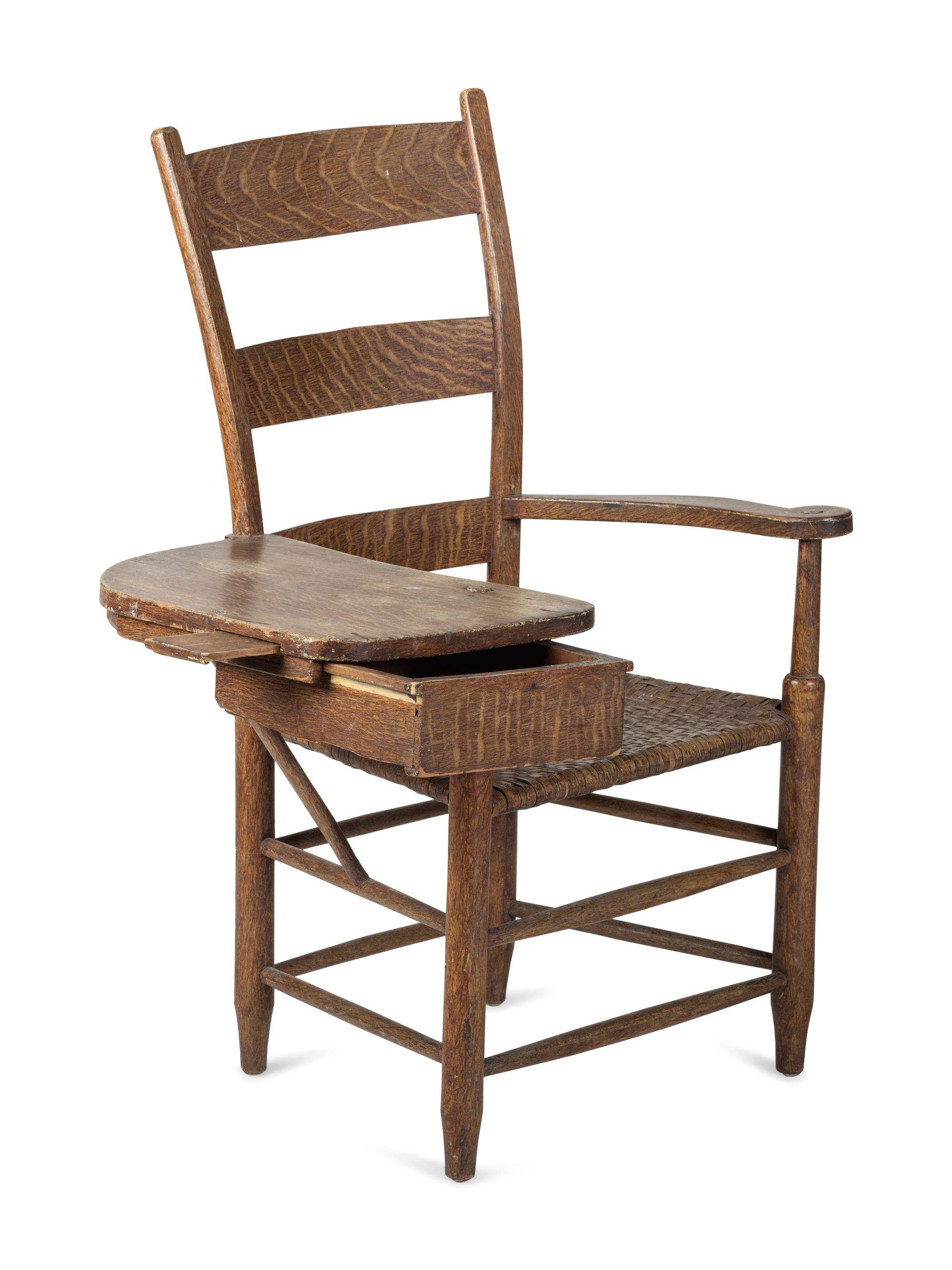 A Grain Paint Decorated Woven Reed-Seat Ladder-Back Writing Armchair