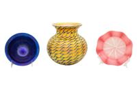 A Tiffany Blue Favrile Glass Bowl, A Lundberg Studios Vase and A Pink and Colorless Glass Bowl
