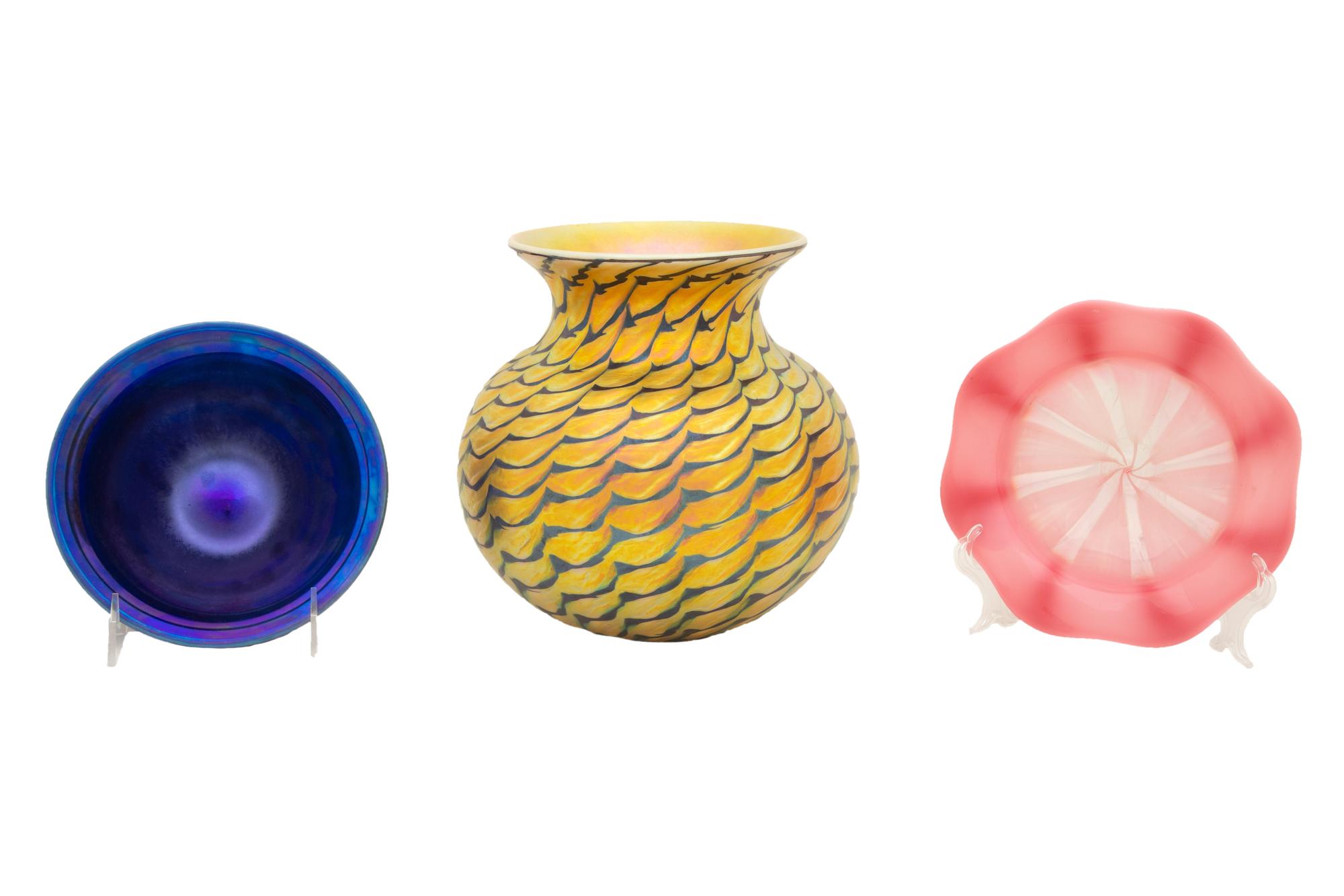 A Tiffany Blue Favrile Glass Bowl, A Lundberg Studios Vase and A Pink and Colorless Glass Bowl