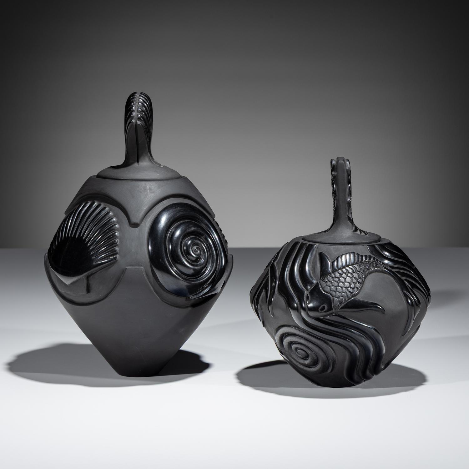 Carved Blackware Lidded Jars