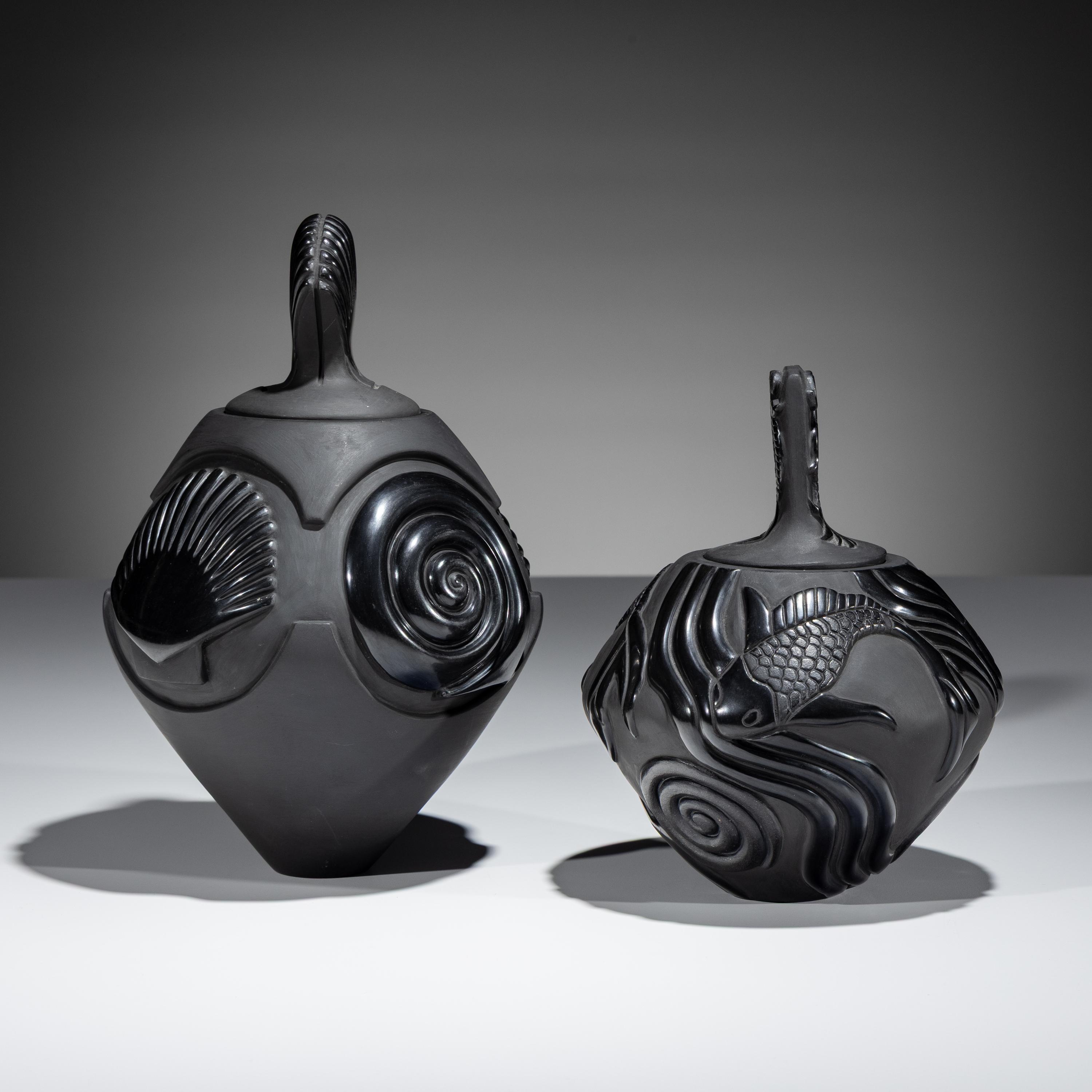 Carved Blackware Lidded Jars