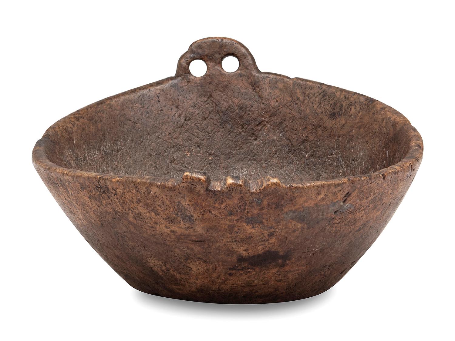 A Carved Wood Handled Burlwood Bowl
