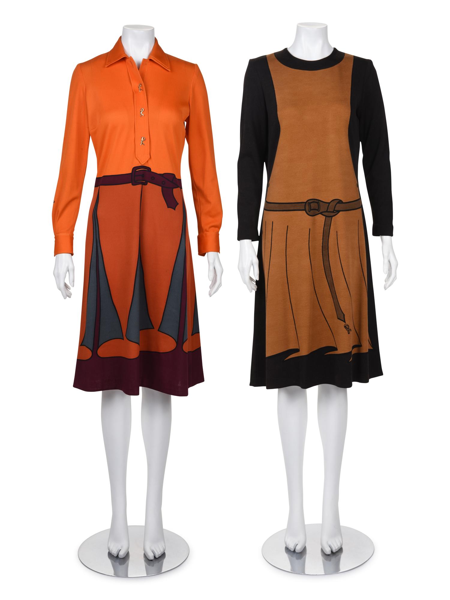Three Roberta de Camerino Items: Two Printed Dresses and One Bag, Late 1960s