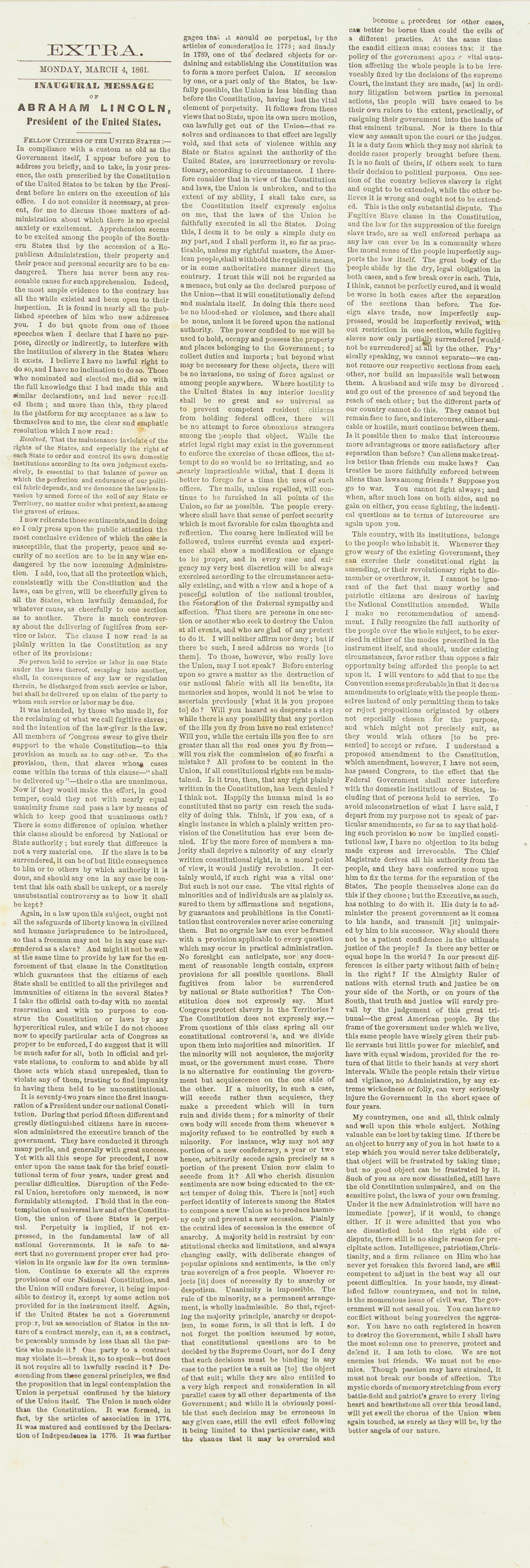 [Lincoln, Abraham] Inaugural Message of Abraham Lincoln, President of the United States