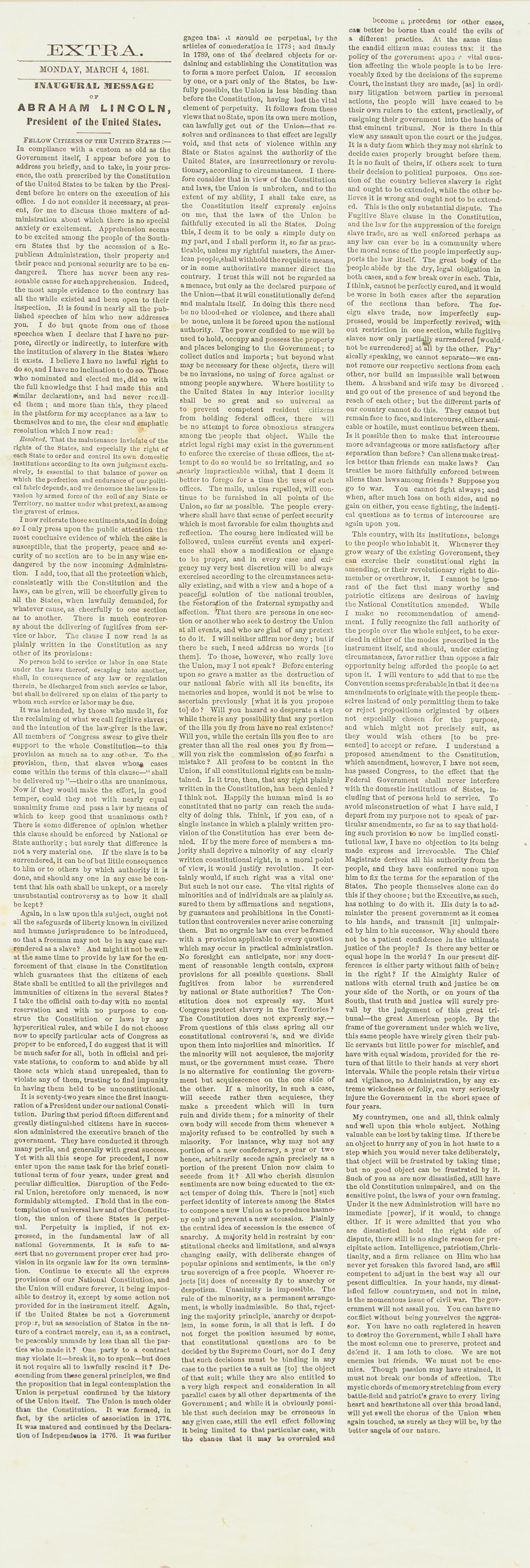 [Lincoln, Abraham] Inaugural Message of Abraham Lincoln, President of the United States