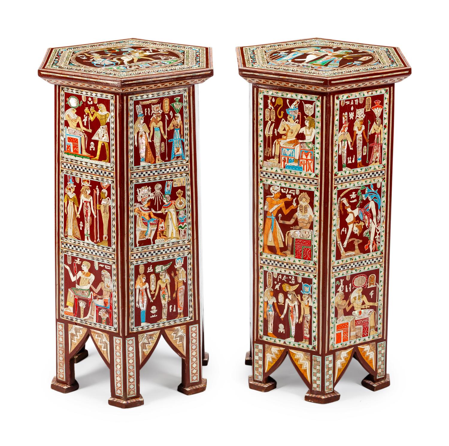 A Pair of Egyptian Revival Style Inlaid and Painted Hexagonal Occasional Tables