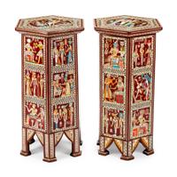 A Pair of Egyptian Revival Style Inlaid and Painted Hexagonal Occasional Tables