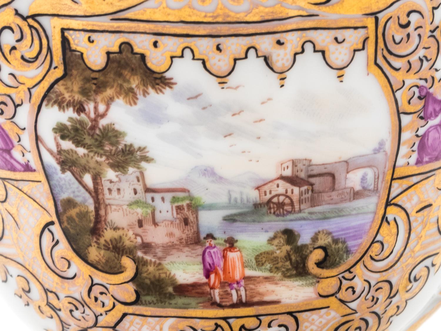Three Meissen Painted and Parcel Gilt Porcelain Cup and Saucer Sets, a Covered Cup and Two Spoons