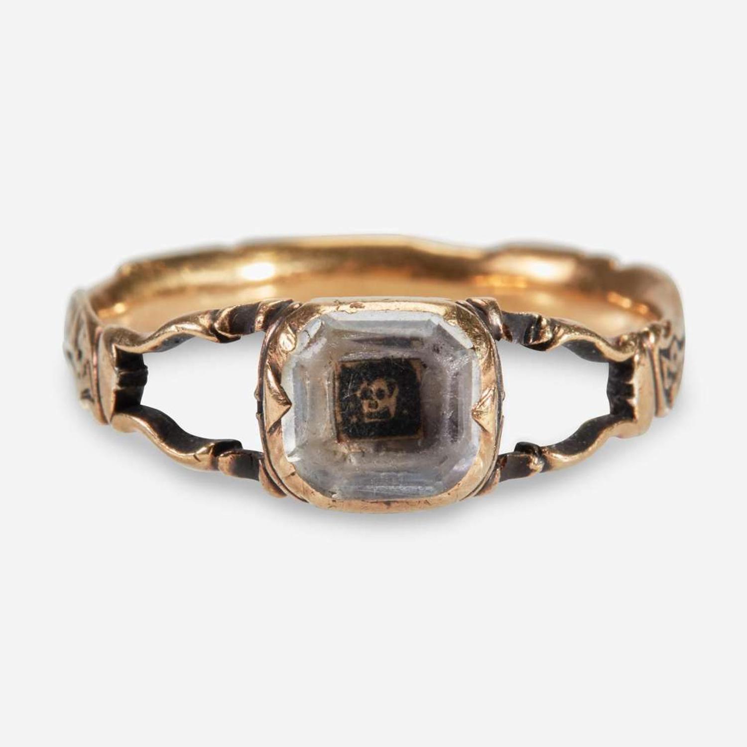 An American gold, enamel, and rock crystal mourning ring in memory of Rebecca Woodhull (1741-1764) of New Haven, CT Attributed to Richard Cutler (1736-1810), New Haven, CT, dated "1764"
