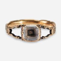 An American gold, enamel, and rock crystal mourning ring in memory of Rebecca Woodhull (1741-1764) of New Haven, CT Attributed to Richard Cutler (1736-1810), New Haven, CT, dated "1764"