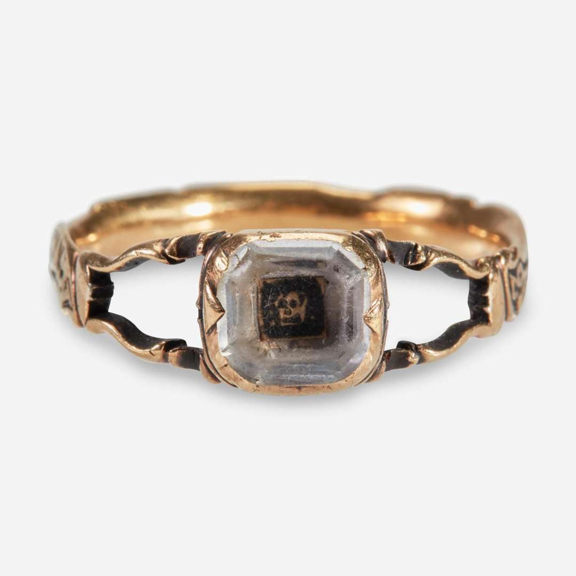 An American gold, enamel, and rock crystal mourning ring in memory of Rebecca Woodhull (1741-1764) of New Haven, CT Attributed to Richard Cutler (1736-1810), New Haven, CT, dated "1764"