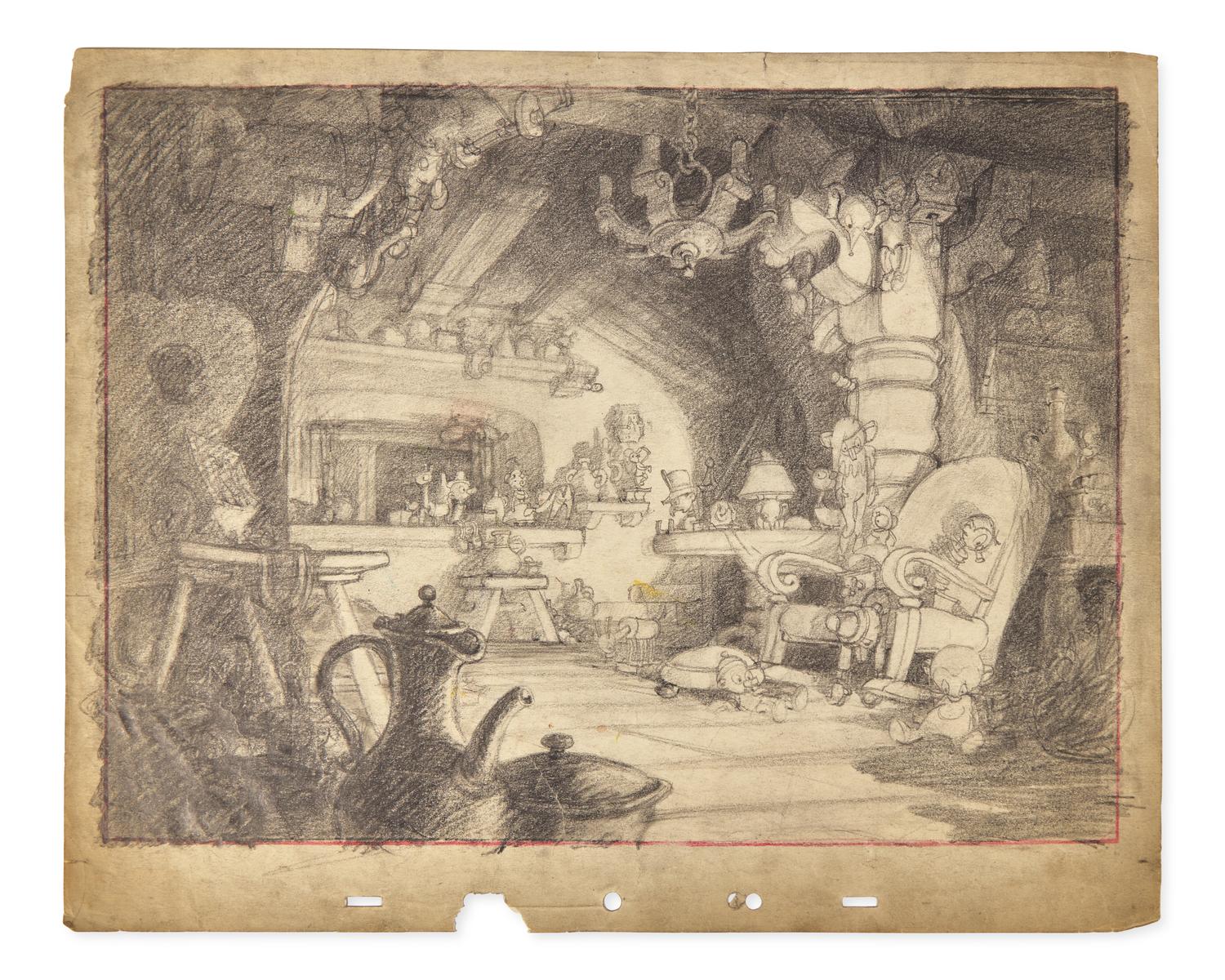[CHILDREN'S ILLUSTRATIONS]. [DISNEY, Walt]. Original layout sketch for Disney's Pinocchio. N.p., n.d. [ca 1940].