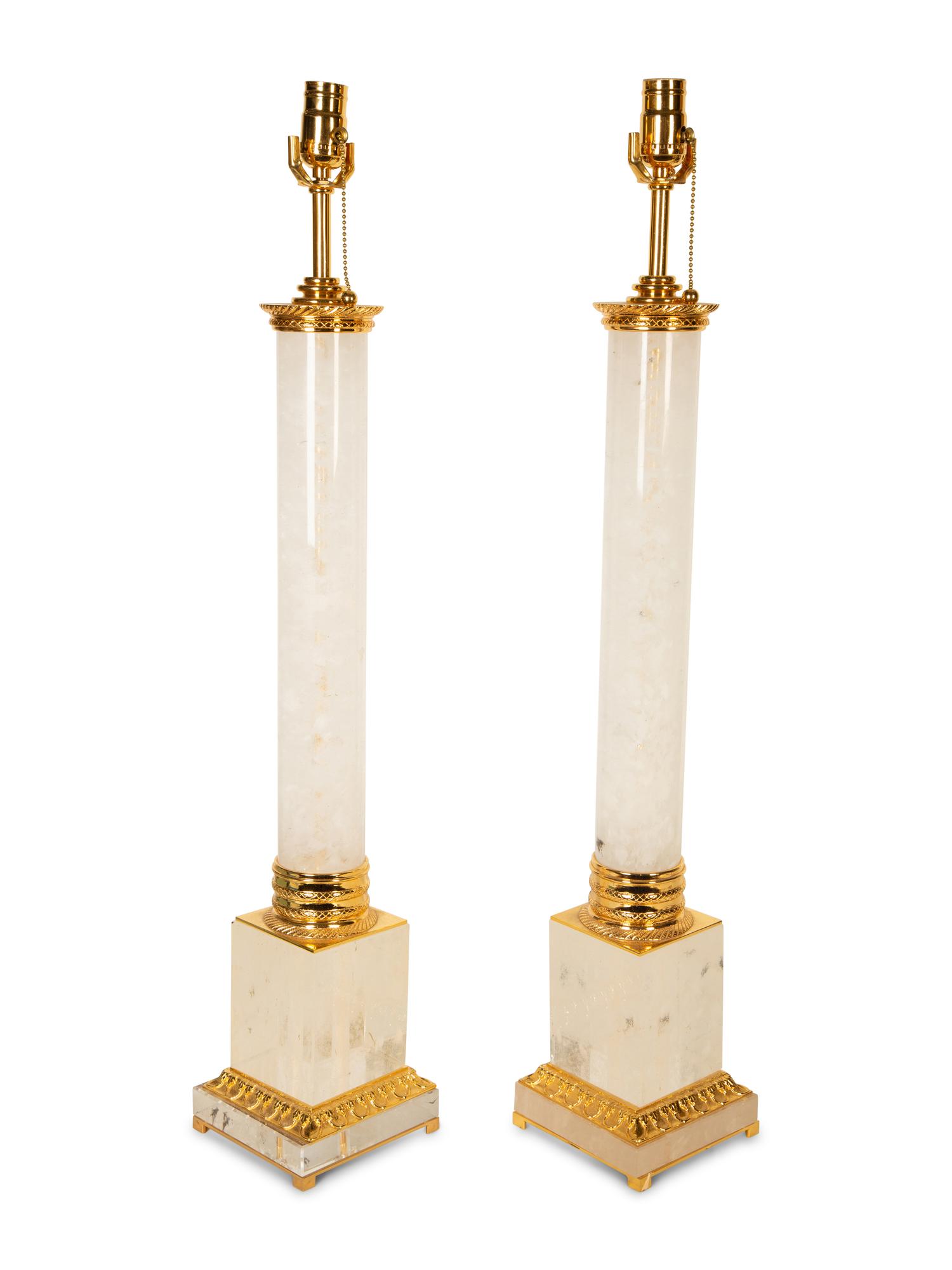 A Pair of Gilt Metal Mounted Rock Crystal Column Table Lamps