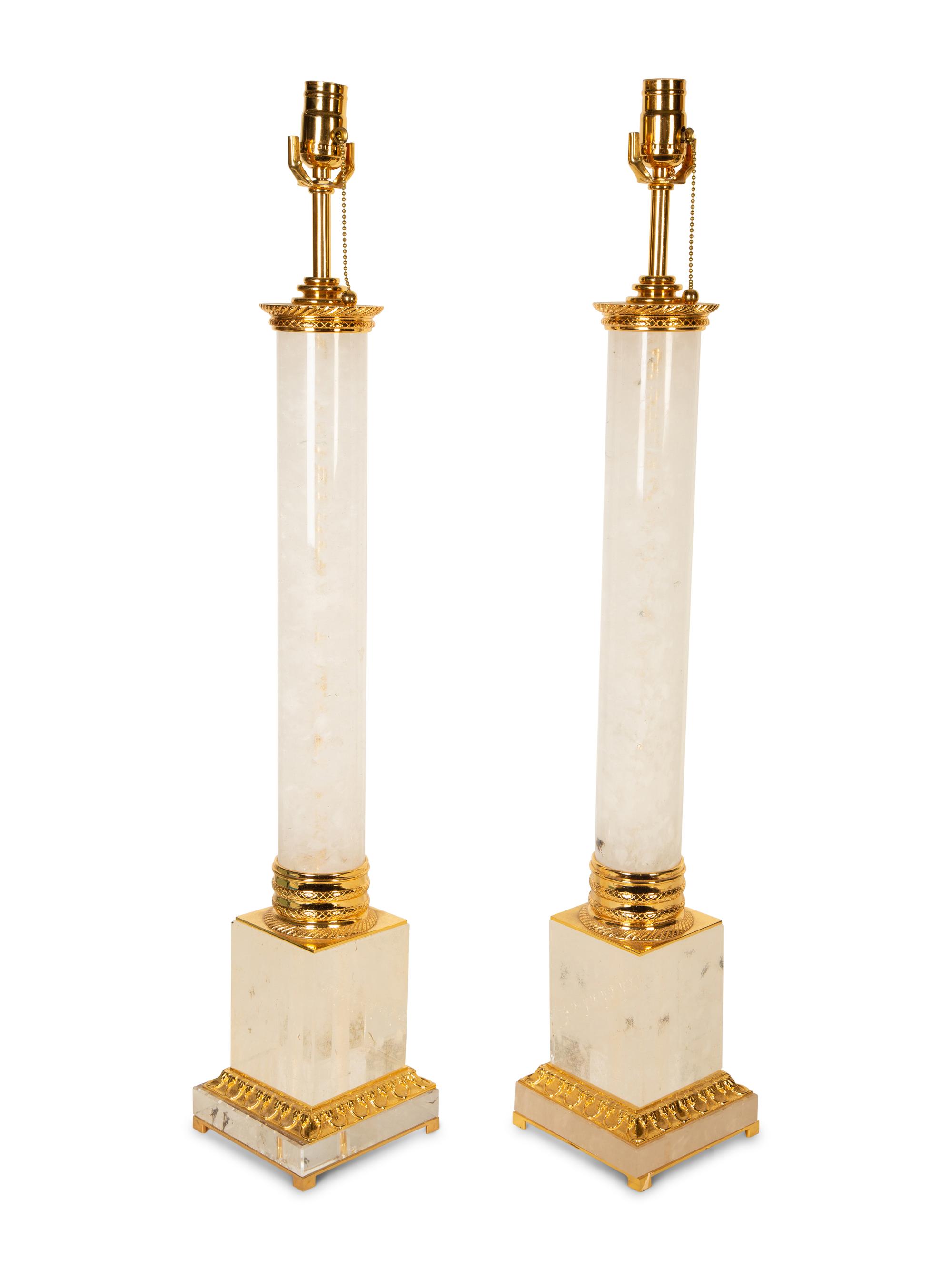 A Pair of Gilt Metal Mounted Rock Crystal Column Table Lamps