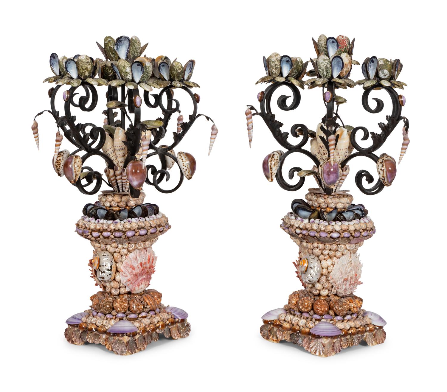 A Pair of Large Grotto Style Wrought Iron Shell Encrusted Seven-Light Candelabras