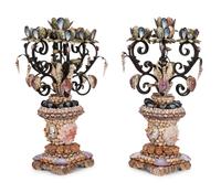 A Pair of Large Grotto Style Wrought Iron Shell Encrusted Seven-Light Candelabras